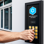** A friendly neighbor handing keys to a traveler in front of an apartment building. The scene is bright and welcoming, with a subtle blockchain logo integrated into the background (perhaps on a digital screen or a building sign). The overall feel is one of trust and community.

**
