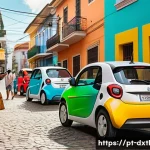 Home 20 디지털 공유경제의 혁신 사례 - A vibrant urban scene in Brazil showcasing diverse people using a digital carsharing app on smartpho...