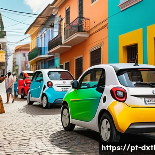 Home 32 디지털 공유경제의 혁신 사례 - A vibrant urban scene in Brazil showcasing diverse people using a digital carsharing app on smartpho...