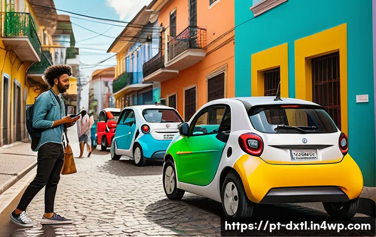 디지털 공유경제의 혁신 사례 - A vibrant urban scene in Brazil showcasing diverse people using a digital carsharing app on smartpho...