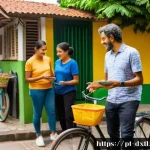 Home 19 디지털 공유경제와 지역사회의 연계 - A vibrant Brazilian neighborhood scene showing diverse community members engaging in a digital share...