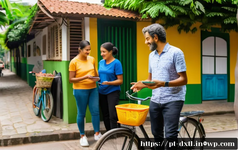 디지털 공유경제와 지역사회의 연계 - A vibrant Brazilian neighborhood scene showing diverse community members engaging in a digital share...
