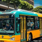 Home 23 디지털 공유경제와 소셜 미디어의 역할 - A vibrant Brazilian urban scene showcasing diverse people using shared mobility apps like Uber and 9...